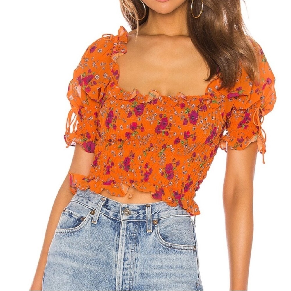 For Love & Lemons Peony Smocked Crop Top in Tangerine Orange New Size Large